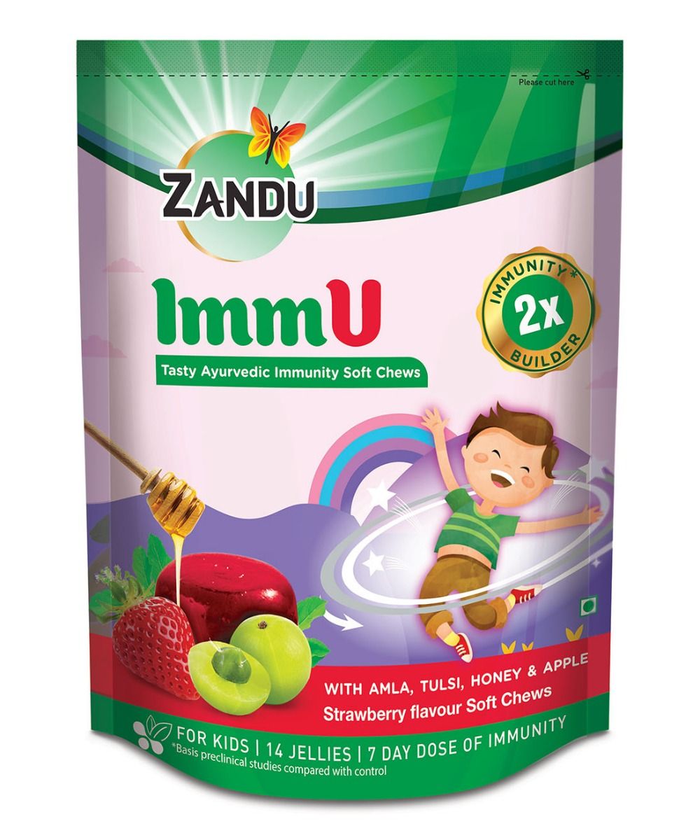 Zandu ImmU Tasty Ayurvedic Immunity Soft Chews Strawberry Flavour Jellies, 84 gm, Pack of 1 