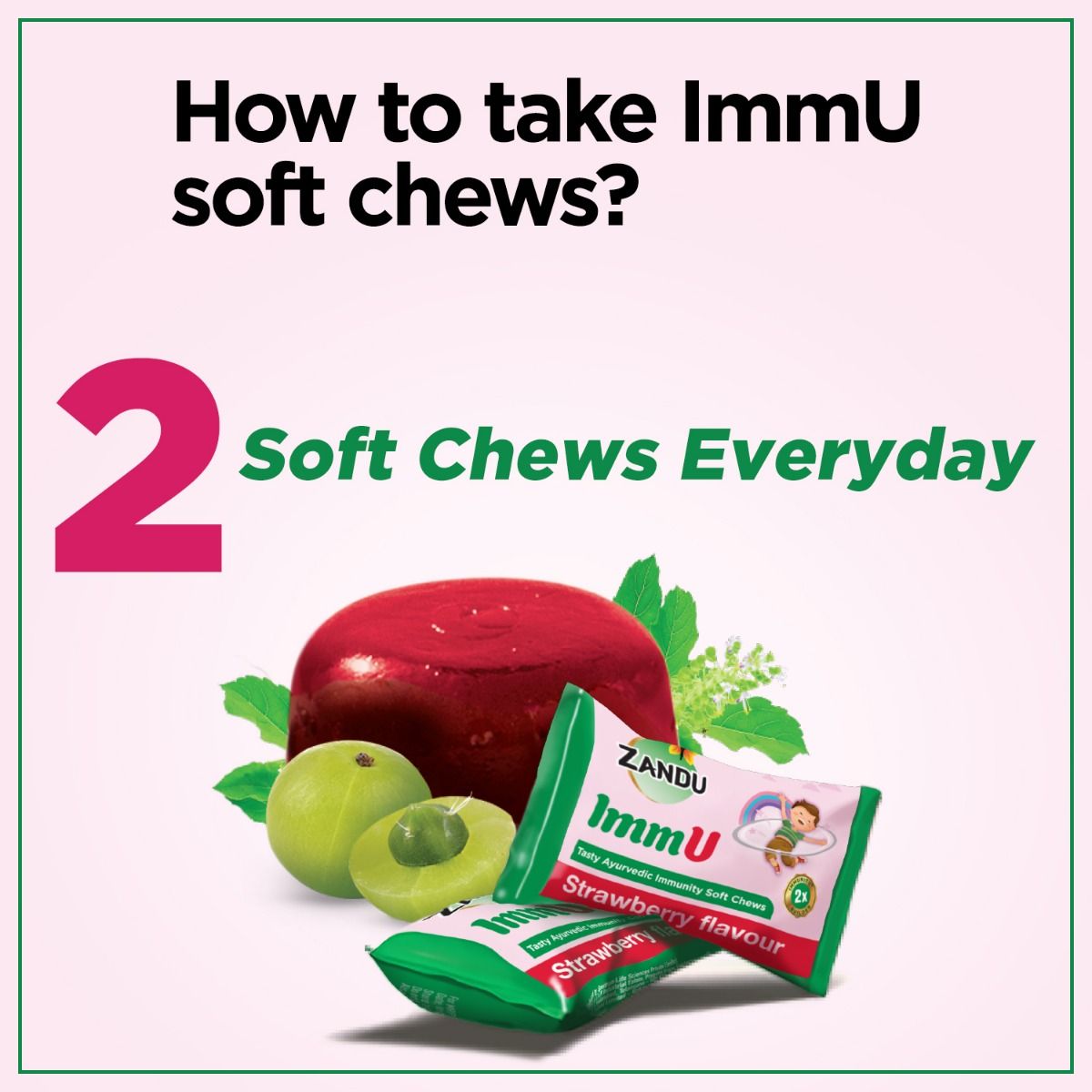 Zandu ImmU Tasty Ayurvedic Immunity Soft Chews Strawberry Flavour Jellies, 84 gm, Pack of 1 