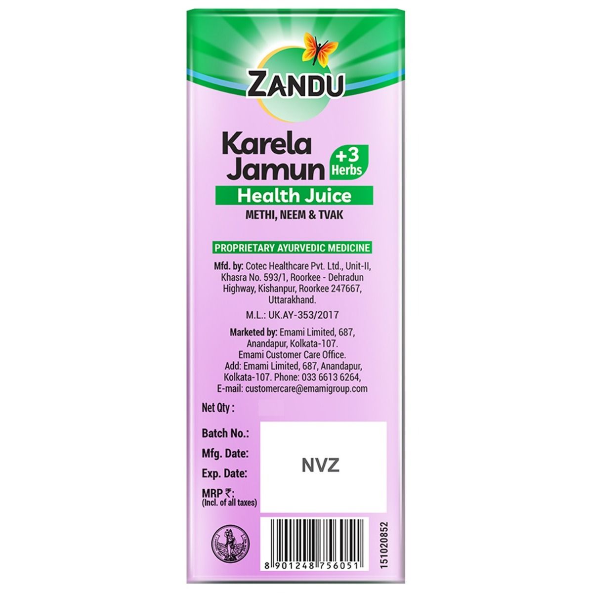 Zandu Karela Jamun +3 Herbs Health Juice, 1000 ml, Pack of 1 