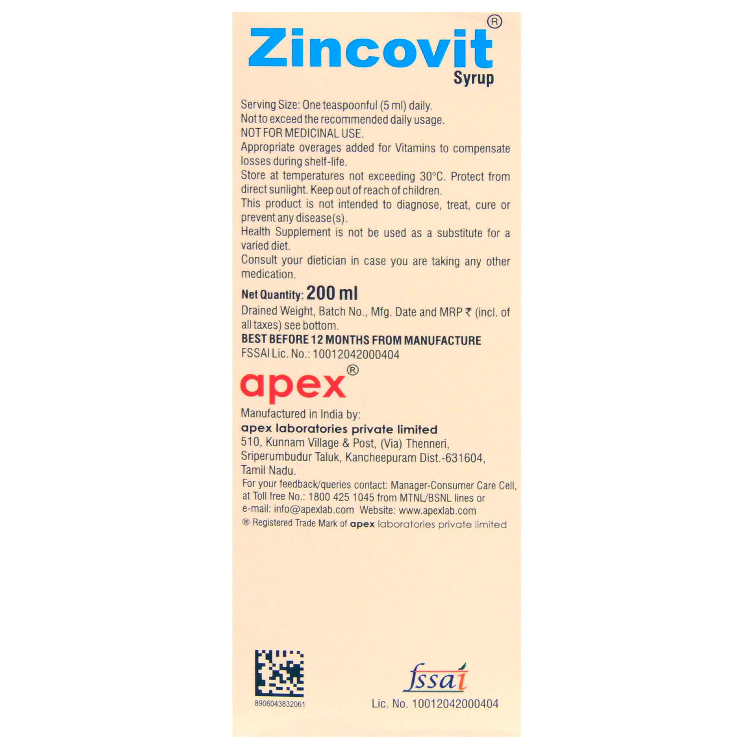Zincovit Syrup 200 ml, Pack of 1 